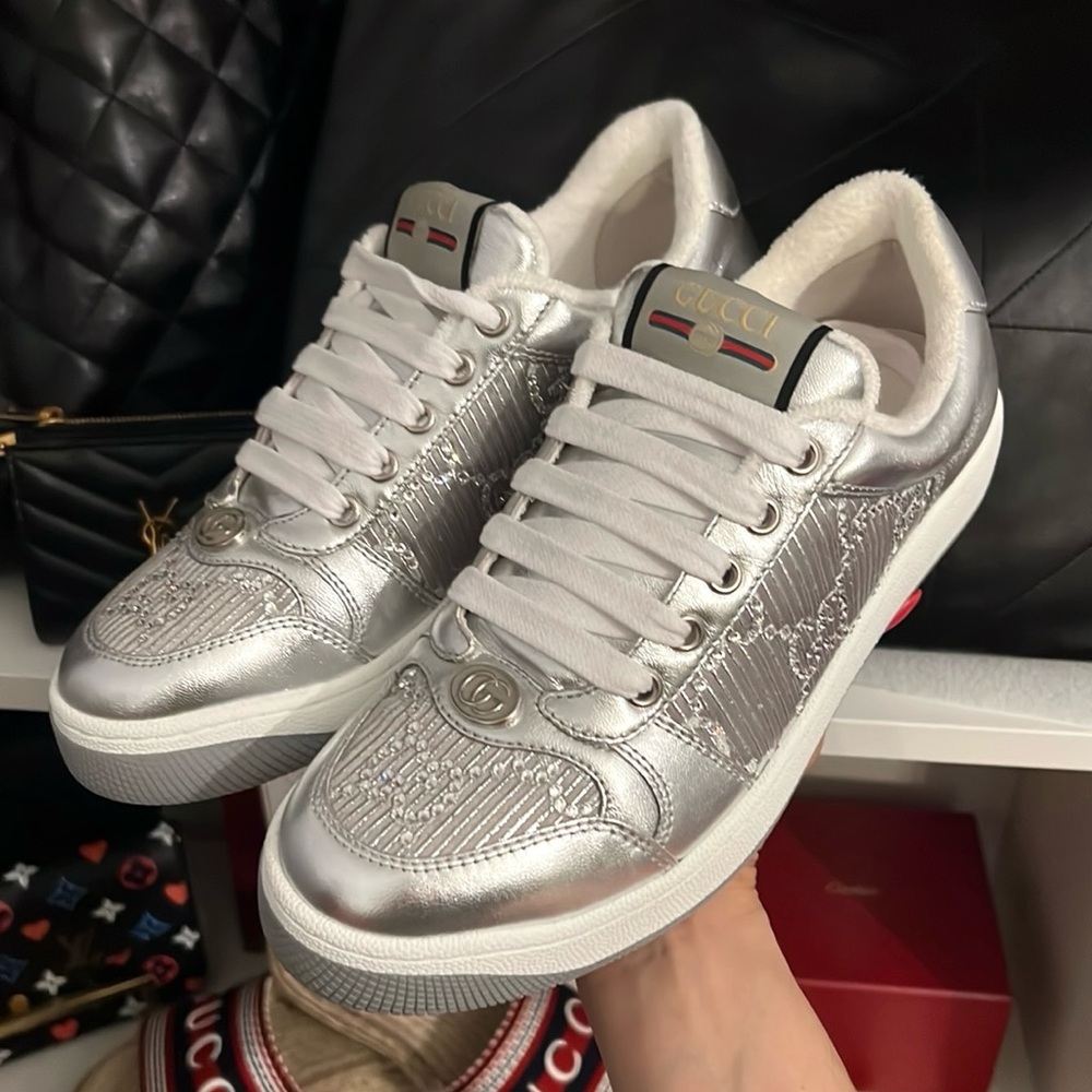 Gucci Screener Metallic Silver Sneakers